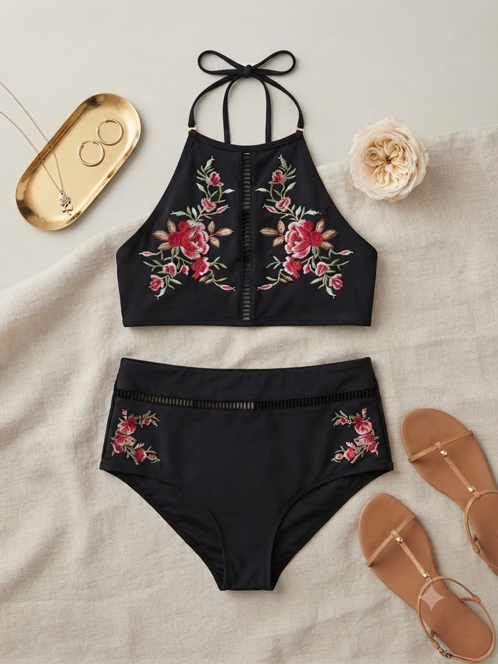 Primark Black Floral Embroidered High-Neck Bikini Set